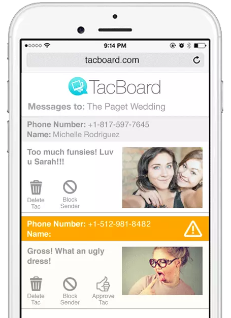 A phone showing guests texting their photos straight into a TacBoard event